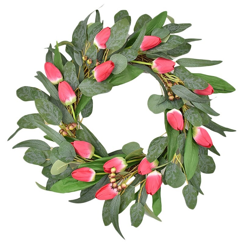 Artificial Eucalyptus Leaves Tulip Flower Wreath for Front Door Wedding Window Wall Party Office Home Holiday Decor