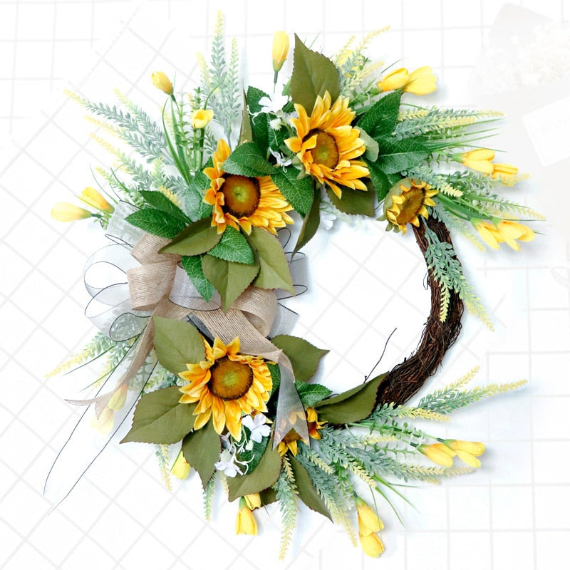 Simulation Sunflower Wreath Decorations Home Door Artificial Silk Flower Garland for Wedding Wall Decoration Backdrop Ornament